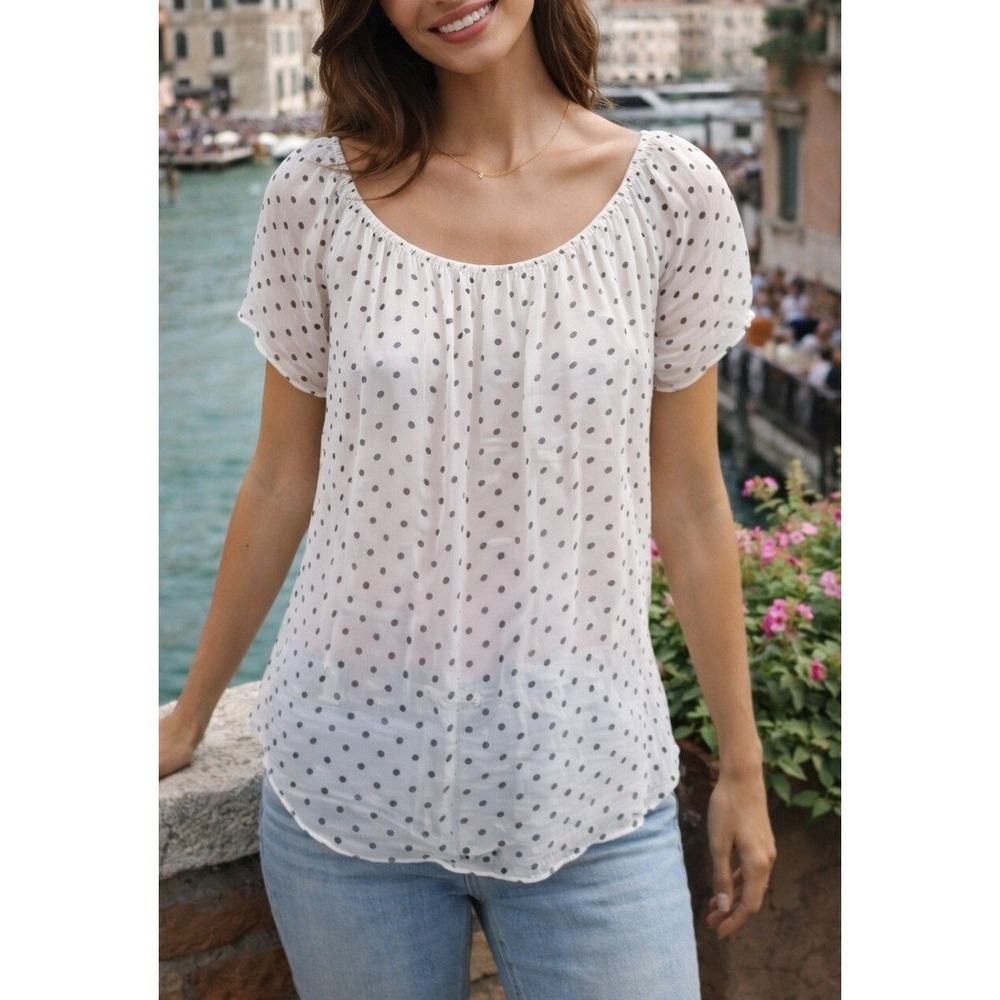 Luisa Ricci Italy White Silk Polka Dot Scoop Neck Short Sleeve Blouse Medium